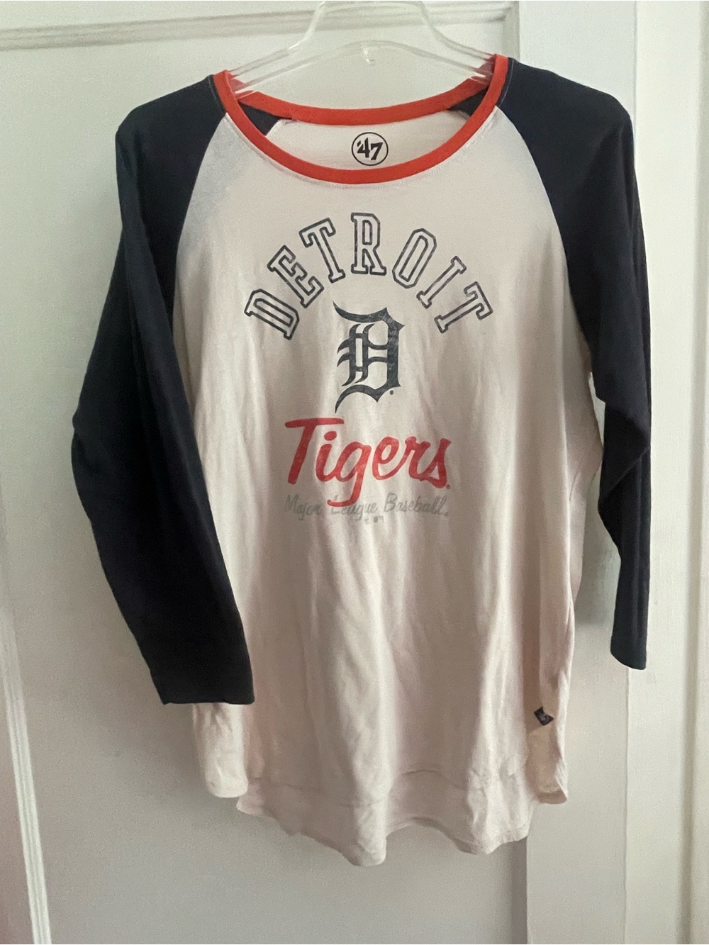 47 Women’s Detroit Tigers Raglan Tee - White, Navy & Orange